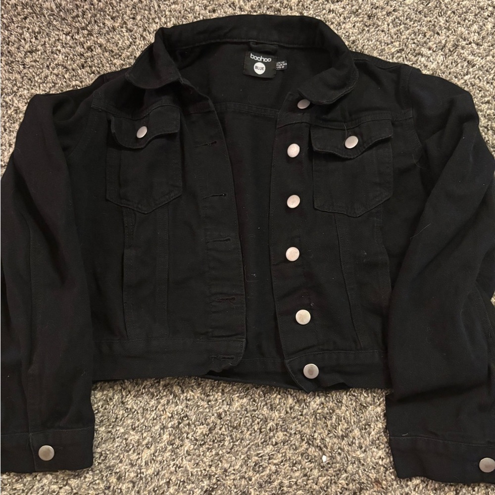 Boohoo Black Cropped Denim Jacket with Silver Buttons